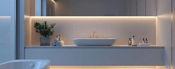 A sleek, modern bathroom with a floating vanity, recessed wall shelves, and a frameless mirror with integrated lighting, emphasizing simplicity and order.