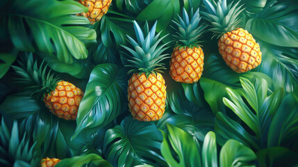 Fototapeta premium Vibrant pineapples surrounded by lush green leaves, creating a tropical and refreshing atmosphere perfect for nature-themed projects.