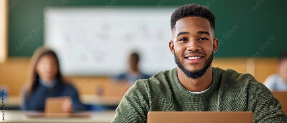 Poster a happy student smiling while using a laptop in a classroom, showcasing a positive learning atmosphe
