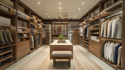 A spacious walk-in closet with custom shelving, a center island for accessories, and perfectly aligned clothing racks, designed for optimal organization and ease of access.