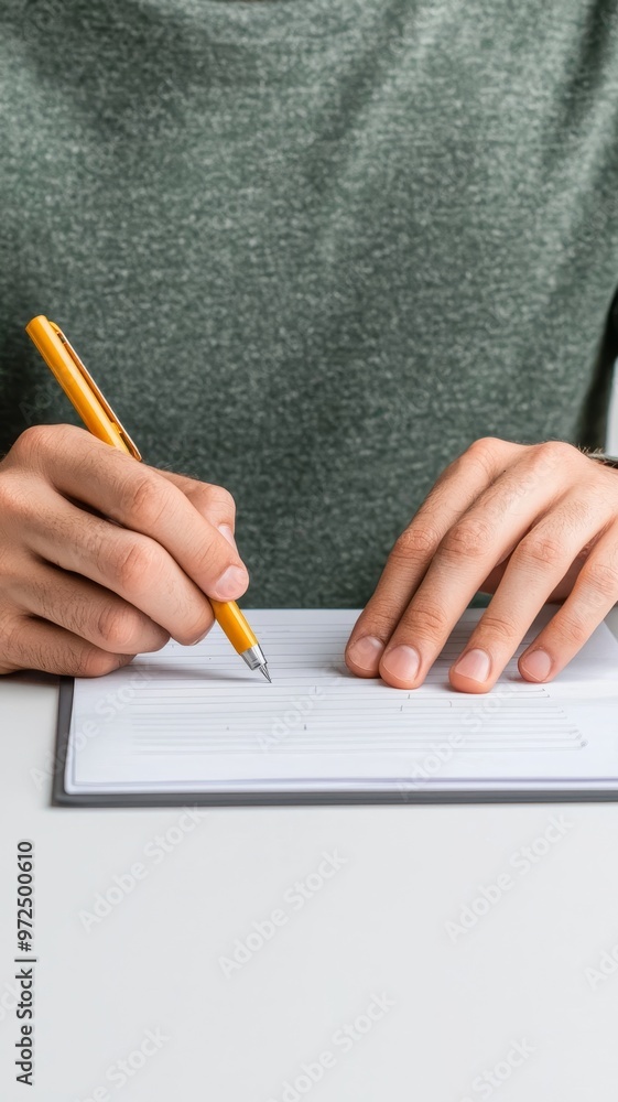 Poster a person writes with a pencil on a blank sheet of paper, capturing a moment of creativity and focus 