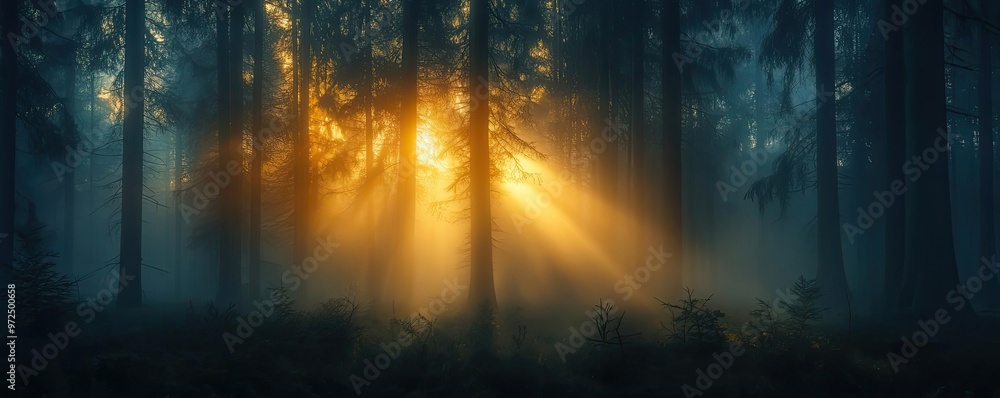 Poster a tranquil forest scene with soft beams of sunlight piercing through the mist, creating a serene and