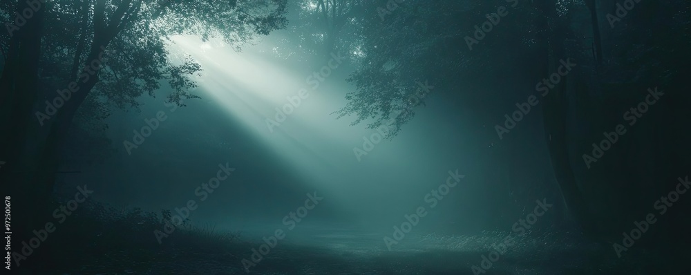 Poster a mystical forest scene illuminated by beams of light penetrating through the dense fog, creating an