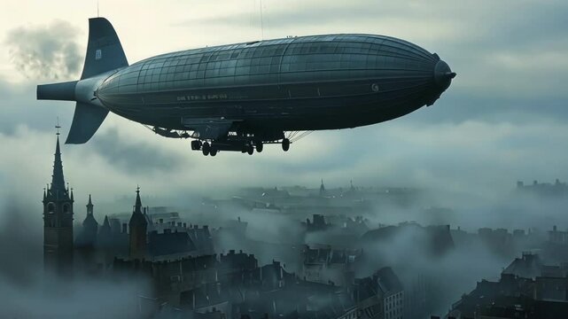 a large airship rises into the sky over the old city