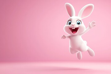 Naklejka premium Cartoon bunny character jumping on pink background for easter spring holiday design. 3D rendered illustration.
