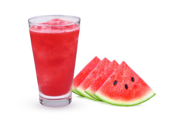 closeup of some pieces of refreshing watermelon and juice on transparent.