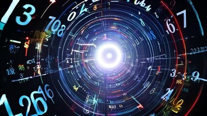 Numbers and equations rotating around bright light on black background - Powered by Adobe