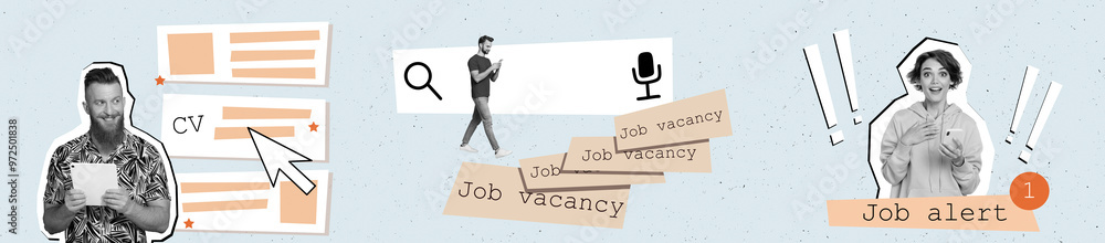 Poster abstract panorama collage of people girl guy using device for searching job on web