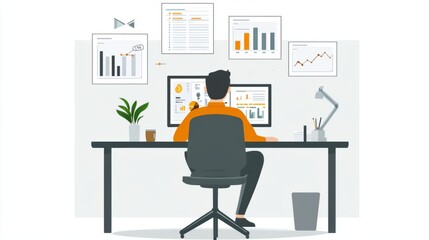 Man working at a desk with multiple graphs and charts on his computer screen.