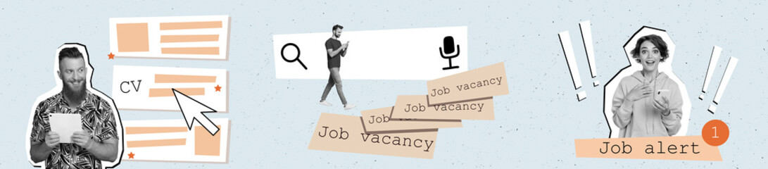 Abstract panorama collage of people girl guy using device for searching job on web
