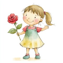Fototapeta premium Drawing of a cute girl holding a rose in watercolor. Animated with generative AI.