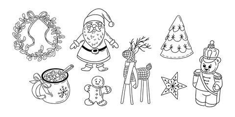 Christmas doodle set of hand drawn related items. Cute and cozy Christmas tree, wreath, drink and Santa Claus toy in sketch style. Holiday design for Christmas for coloring pages