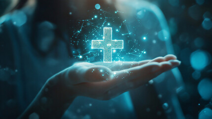 Doctor holds a glowing medical hologram, blending healthcare and tech, symbolizing future medicine and research. Blue glow adds a futuristic touch, connecting technology and medicine