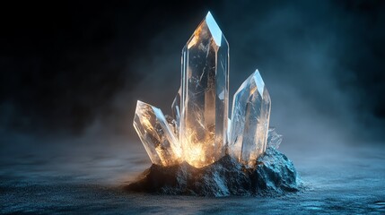 Obraz premium A cluster of large, clear quartz crystals sits atop a rock, glowing with an ethereal light.