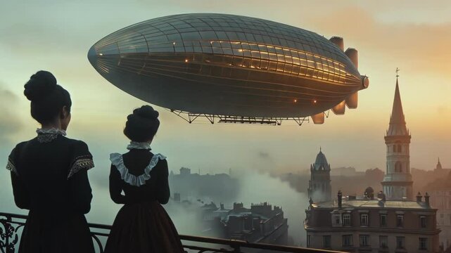 girl and girl in vintage clothes watching airship fly over old town