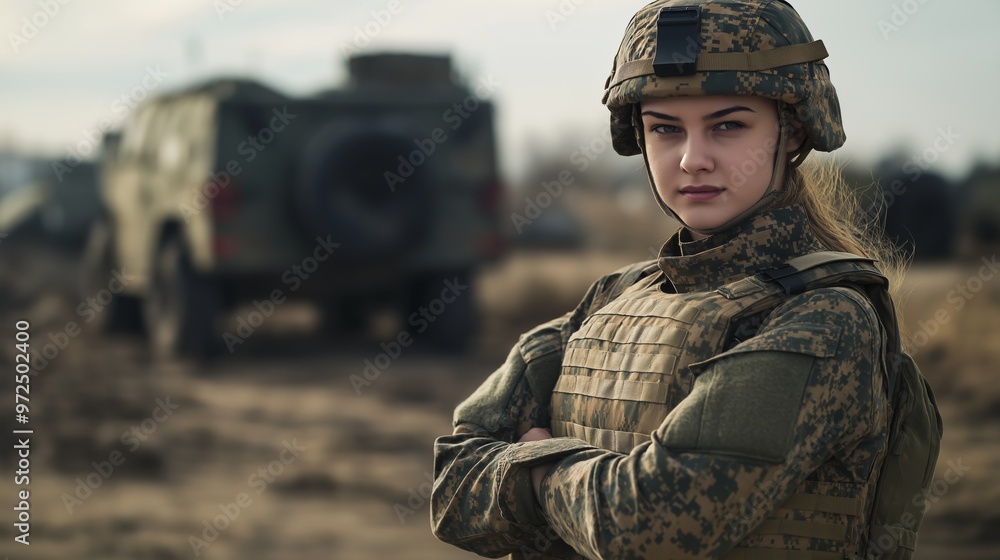 Wall mural Confident Young Female Russian Soldier in Full Military Gear, Outdoor Field Background, Military Vehicle, Strength and Determination, Warfare