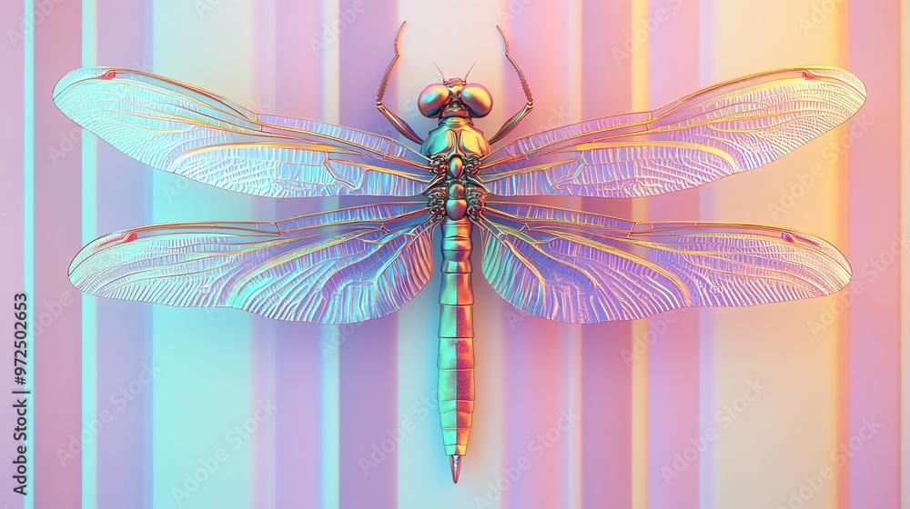 Poster a metallic dragonfly with iridescent wings is set against a striped backdrop, creating a vibrant and