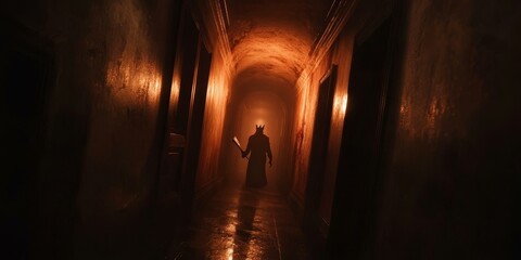 A shadowy figure with a weapon walks down a dark