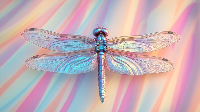 A metallic dragonfly with iridescent wings rests on a colorful background.