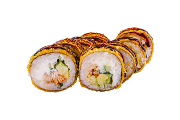 Tempura maki sushi rolls with smoked eel and cream cheese on white background © AntAlexStudio