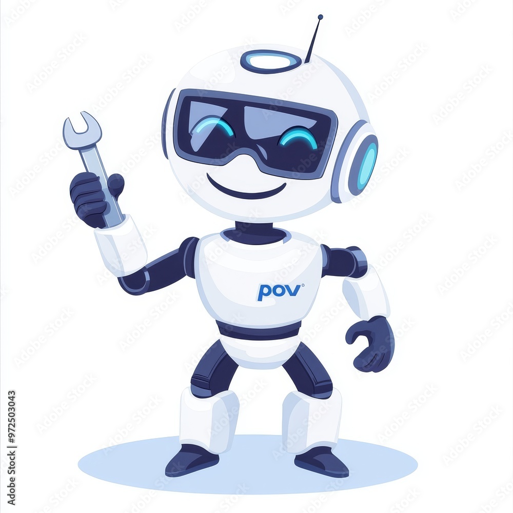 Poster cute robot with wrench in retro futuristic style. android mechanic character with spanner. flat mode