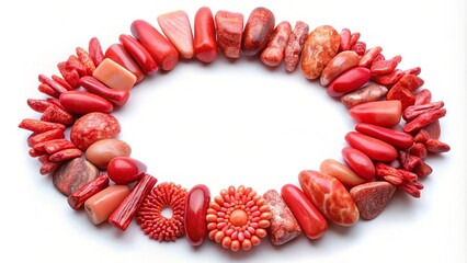 Obraz premium Dainty pink and red coral stones form a circular pattern on a pristine white background, exuding a sense