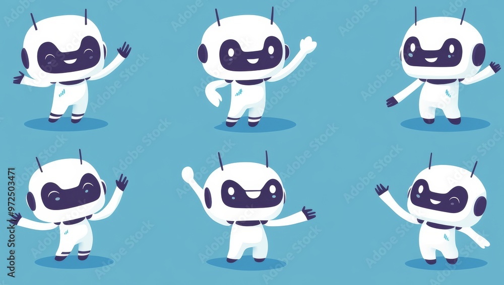 Poster modern cute robot, chatbot and ai bot characters design. ai technology and cyber characters. futuris