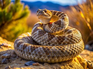 Coiled western diamondback rattlesnake basks on sun-kissed rock amidst drought-stricken chaparral, its scaly body