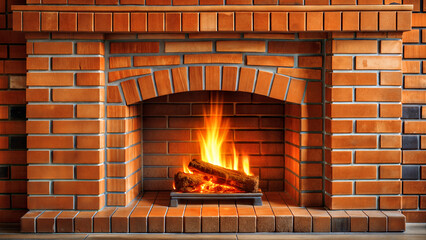 Red brick fireplace with burning logs, modern cozy fireplace, christmas theme