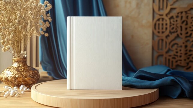 Empty book cover for product advertisement on the wooden podium and blue silk and vase.