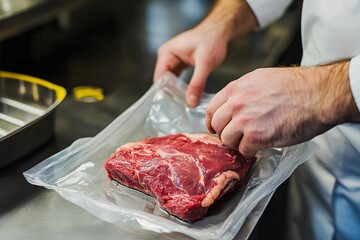 A chef carefully unsealing a vacuum-sealed piece of meat in a professional kitchen setting, highlighting culinary skills and techniques.
