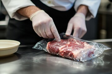 A chef sealing raw meat in a vacuum bag, showcasing professional kitchen techniques for food preservation.