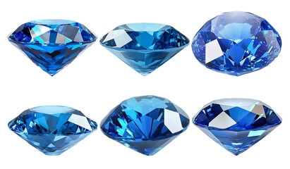 Fototapeta premium Set of blue gemstones in different cuts and reflections arranged symmetrically isolated on transparent background