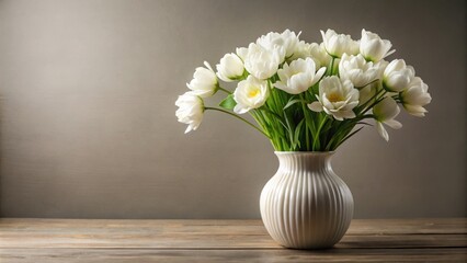 Delicate white blooms intricately placed in a sleek, contemporary vase on a serene backdrop, exuding understated