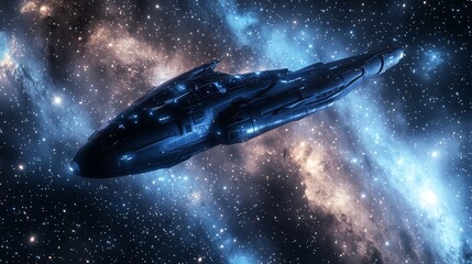 Fototapeta premium A futuristic spaceship flies through the cosmos, past a swirling nebula.