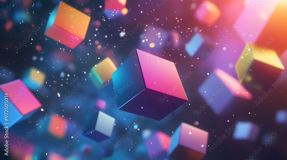 Poster abstract background of colorful, glowing cubes floating in a dark, sparkly space.