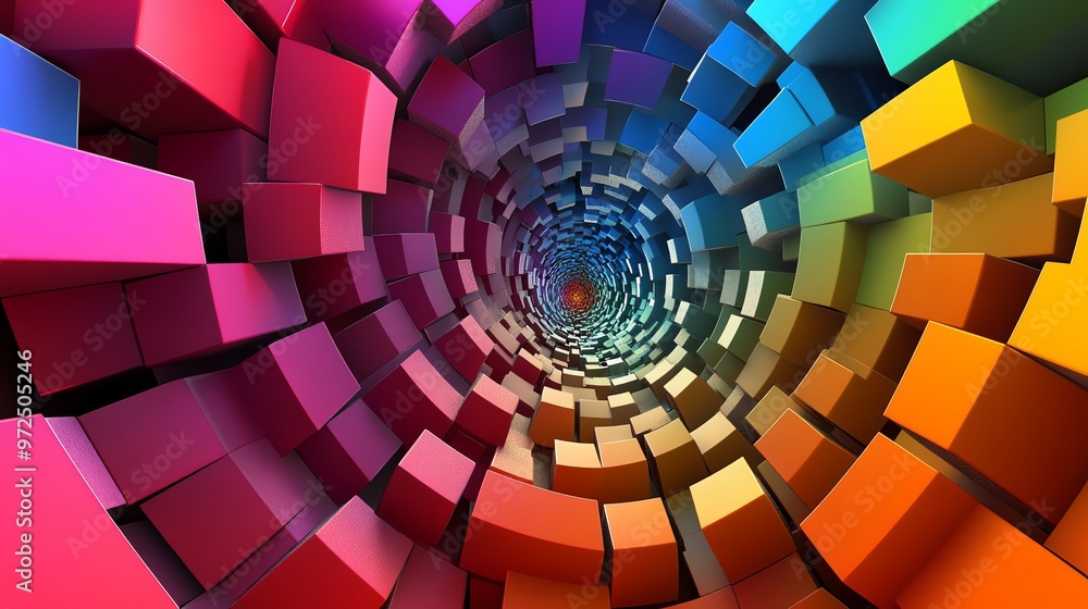 Poster abstract 3d render of colorful cubes forming a tunnel.