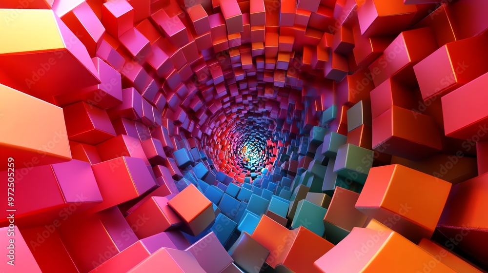 Poster abstract 3d background with colorful cubes forming a tunnel.