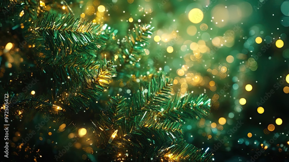 Aufkleber close-up of a christmas tree with shimmering lights and bokeh effects, creating a festive and warm h