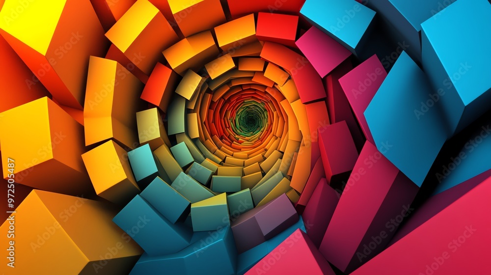 Poster a colorful abstract 3d design of cubes, creating a swirling tunnel effect.