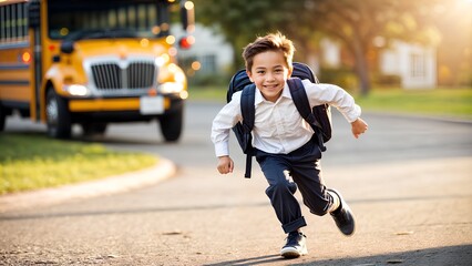 Fototapeta premium a happy child running towards a school bus in the distance
