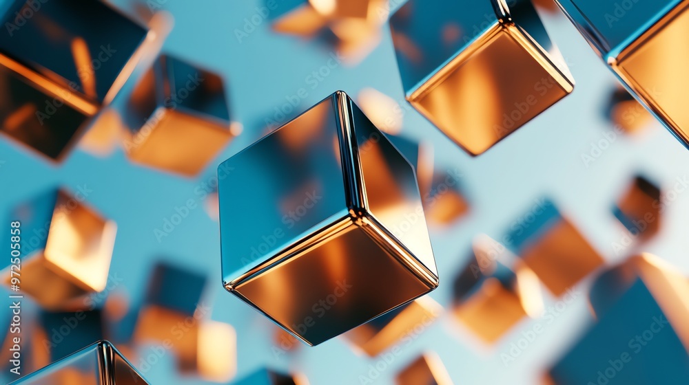 Poster abstract background of metallic cubes floating in the air.