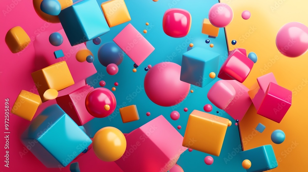Poster abstract colorful 3d background of floating spheres and cubes.