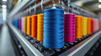 Colorful spools of thread neatly arranged in a factory, showcasing vibrant hues for textile and sewing industries.
