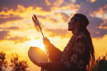spiritual native american shamanic man raises traditional drum and drumstick, shaman ritual