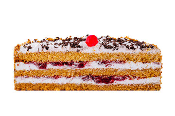 Delicious cake with chocolate sprinkles and cherry filling showing its layers
