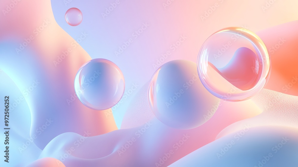 Poster abstract background of colorful floating spheres and smooth pastel waves.