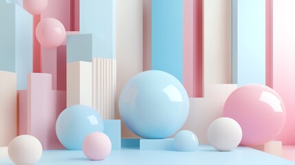 Minimalist abstract background with pastel colored spheres and geometric shapes.