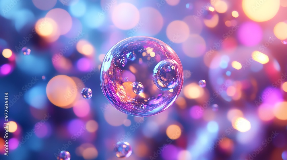 Poster colorful bokeh and iridescent bubbles floating in a dreamy background.