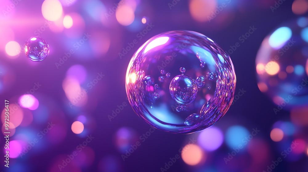 Poster a shiny, iridescent bubble floats in the air, surrounded by colorful bokeh.